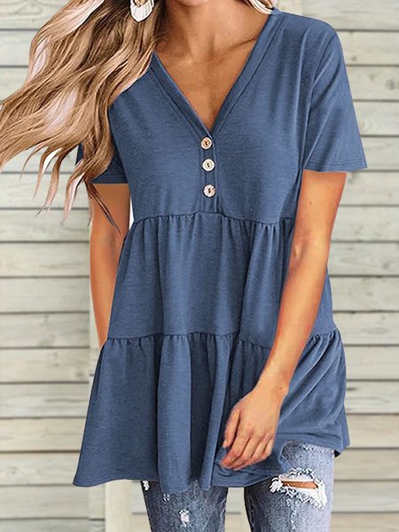 

Loosen Buttoned Long Sleeve T-Shirt, Blue, T-Shirts