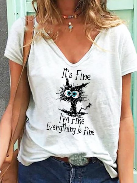 

Animal cat Casual Short Sleeve T-Shirt, White, T-Shirts