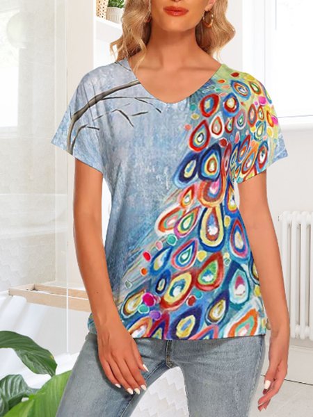 

Loosen Animal Casual Short Sleeve Tops V neck, Blue, T-Shirts
