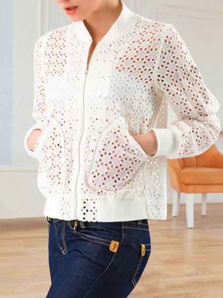 

Baseball Collar Long Sleeve Straight Lace Cutout Casual Jacket, White, Jackets