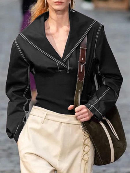 

Lapel Plain Loosen Long sleeve Plain Top, Black, Blouses and Shirts