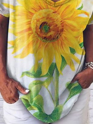 

V Neck Sunflower Loosen Short Sleeve T-Shirt, Light gray, T-Shirts
