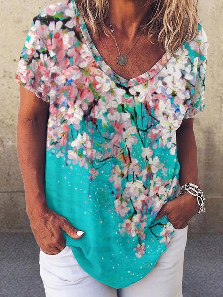 

Casual Floral Print V-Neck Short Sleeve T-Shirt, As picture, T-shirts