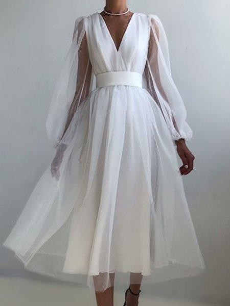 

Elegant Regular Fit Long Sleeve Woven Dress, White, Maxi Dresses