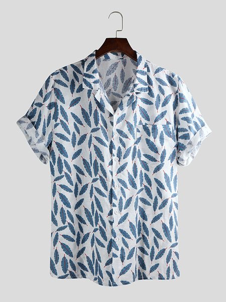 

Cotton Linen Style Plant Leaf Linen Men's Short Sleeve Shirt, As picture, Shirts ＆ Blouse