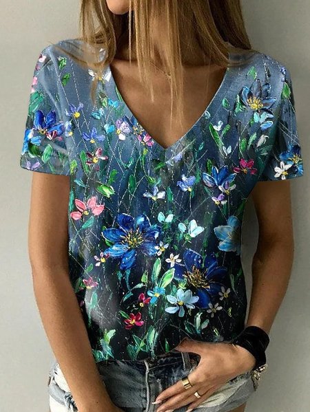 

Floral Short Sleeves V Neck Plus Size Casual T-Shirt, Multicolor, T-Shirts