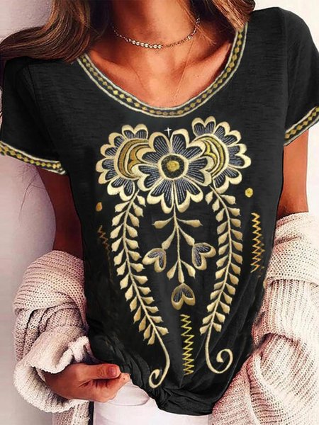 

Cotton Blends Crew Neck Tribal Short Sleeve T-Shirt, Black, T-Shirts