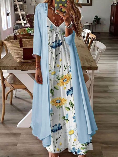 

3/4 Sleeves Floral V Neck Plus Size Casual Dress With Coat, Blue, Maxi Dresses