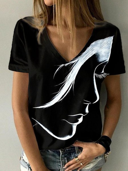 

Casual V Neck Loosen Short Sleeve T-Shirt, Black, T-Shirts