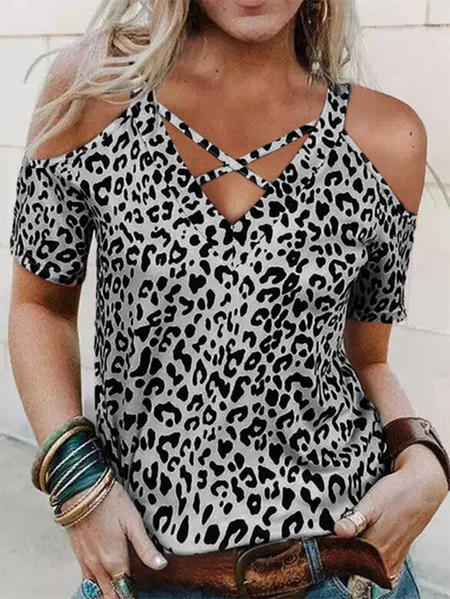 

V Neck Casual Leopard Short Sleeve T-Shirt, As picture, T-Shirts