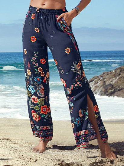 

Floral Cotton Blends Vacation Pants, Blue, Pants
