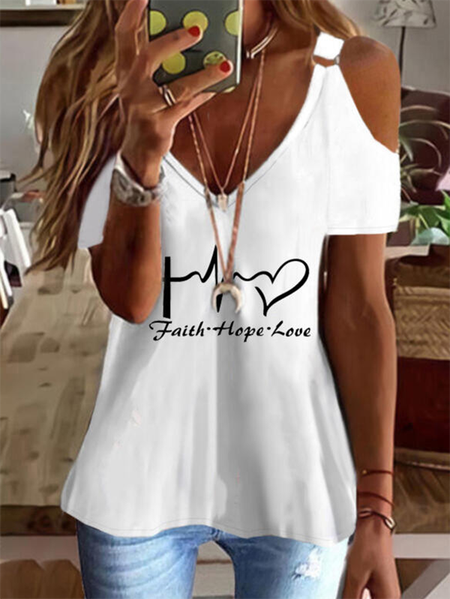 

Letter V neck Casual Short Sleeve T-Shirt, White, T-Shirts