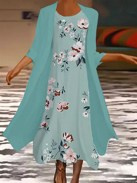 

Plus size Casual Floral Two Pieces Short Sleeve Dress, As picture, Midi Dresses