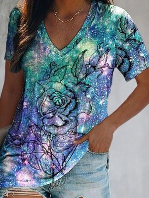 

V Neck Loosen Butterfly Short Sleeve T-Shirt, Blue, T-Shirts