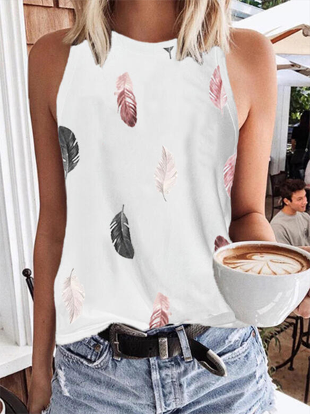 

Feather Sleeveless Crew Neck Casual Knit Tank, White, Tank Top