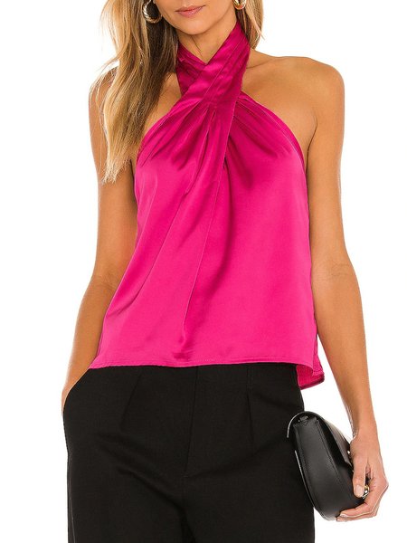 

Elegant Solid Halter Cross Sleeveless Top, Rose red, Tops