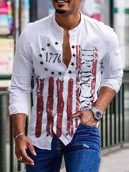 

Vintage American Flag Print Casual Shirt, As picture, Shirts ＆ Blouse