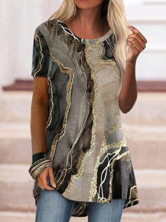 

JFN Round Neck Marbling Casual Tunic T-Shirt, Coffee, T-Shirts