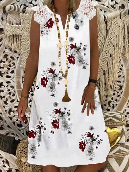 

Casual V Neck Floral Short Sleeve Woven Dress, White, Mini Dresses