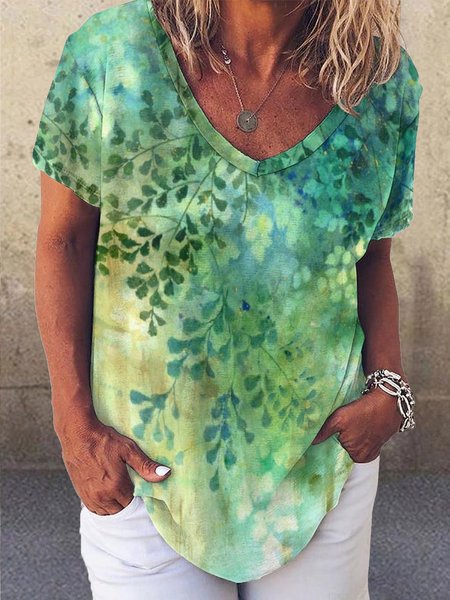 

Casual Gradient Botanical Print V-Neck T-Shirt, Green, T-shirts