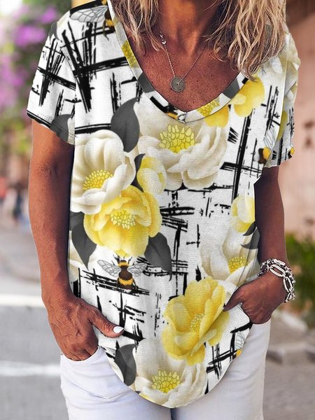 

Floral & Bees Print Casual Short Sleeve T-shirt, As picture, T-shirts