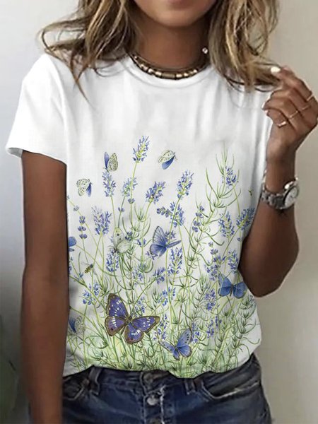 

Butterfly Vacation Crew Neck Loosen Short Sleeve T-Shirt, White, T-Shirts