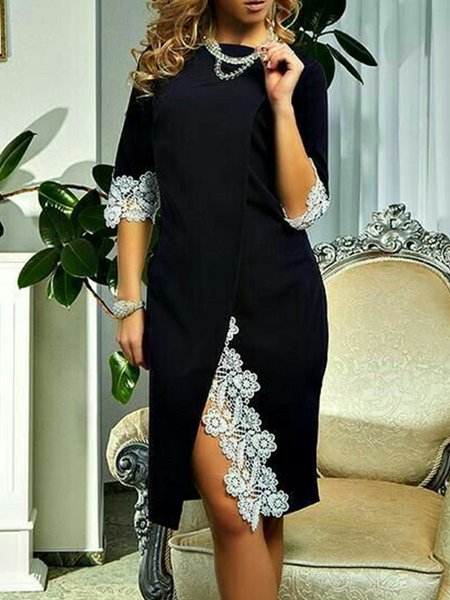 

Elegant Boat Neck Short Sleeve Knit Dress, Black, Midi Dresses