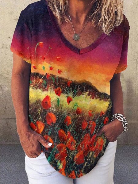 

Casual Floral Gradient Print V-Neck T-Shirt, As picture, T-shirts