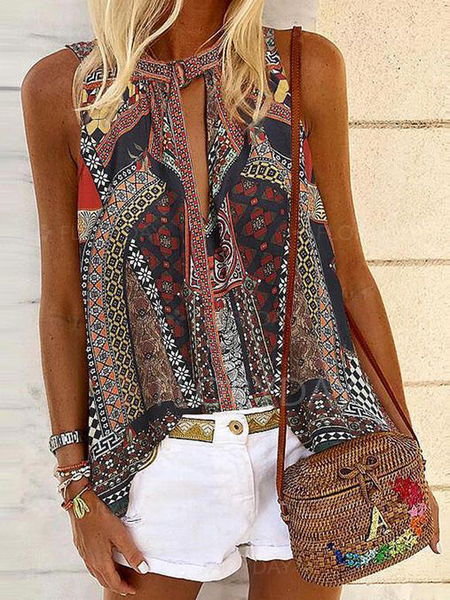 

Boho Halter Loose Fitting Tribal Woven Ribbed Tank Tops, As picture, Tank Top