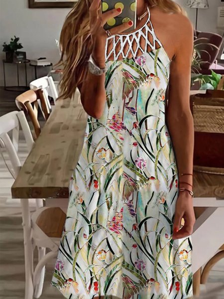 

Loosen Casual Floral Printed Romantic Vacation Hollow Out Cross Front Midi Short Sleeve Knit Dress, Flower, Mini Dresses