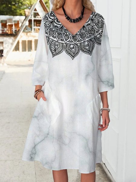 

Vacation Tribal Printing Long Sleeve V-neck Casual Knee-length Dresses, White, Midi Dresses