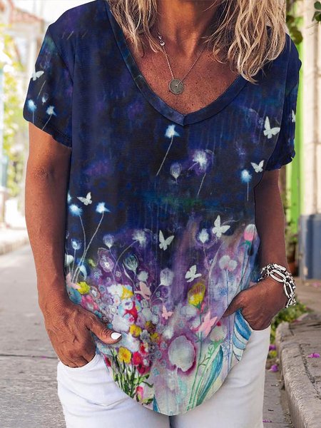 

Butterfly Floral Print V-Neck Short Sleeve T-Shirt, As picture, T-shirts