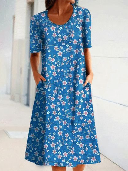 

Crew Neck Floral Short Sleeve Woven Dress, Blue, Midi Dresses