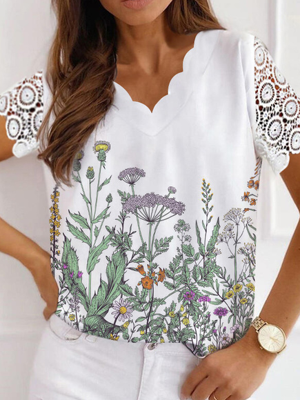 

V neck Floral Lace Vacation Short Sleeve Tops, White, T-Shirts