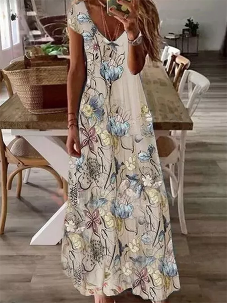 

Mesh Floral Boho Short Sleeve Maxi Dress, Khaki, Maxi Dresses