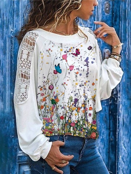 

Crew Neck Casual Floral Lace Long Sleeve Tops, White, Long sleeve tops