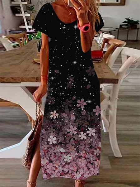 

Plus size Floral Cherry Blossoms Casual Short Sleeve Dress, Black, Maxi Dresses