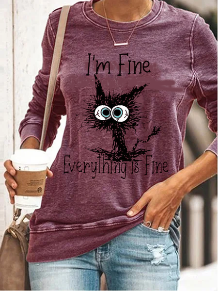 

I Am Fine Everything Is Fine Funny Cat Print Sweatshirt, Purplish red, Hoodies&Sweatshirts