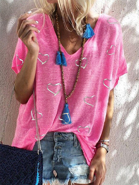 

Heart V neck Short Sleeve Casual T-Shirt, Rose red, T-Shirts