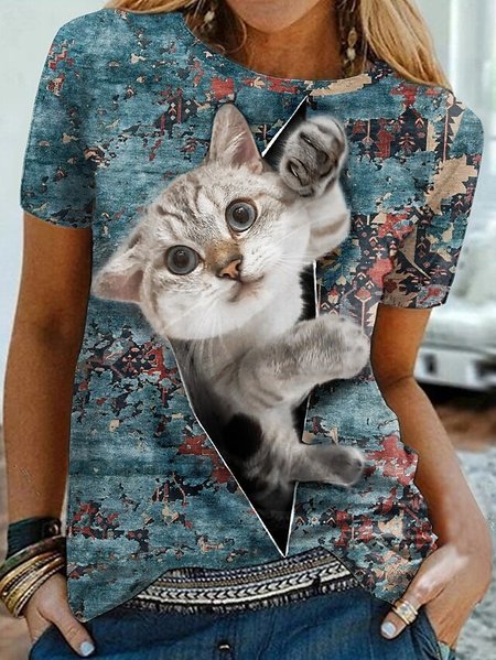 

Cats Short Sleeves Crew Neck Plus Size Casual T-Shirt, Multicolor, T-Shirts