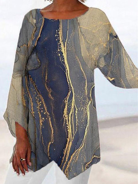 

Crew Neck Vacation Long Sleeve Tops, Multicolor, Tops