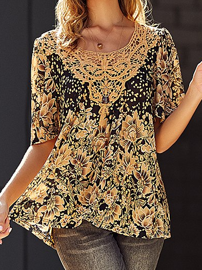 

Lace Neck Polka Dot Gradient Floral Print Resort Top Loosen Short Sleeve Tops, Yellow, Tunics