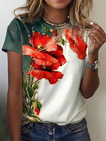 

Floral Crew Neck Casual Short Sleeve T-Shirt, As picture, T-Shirts