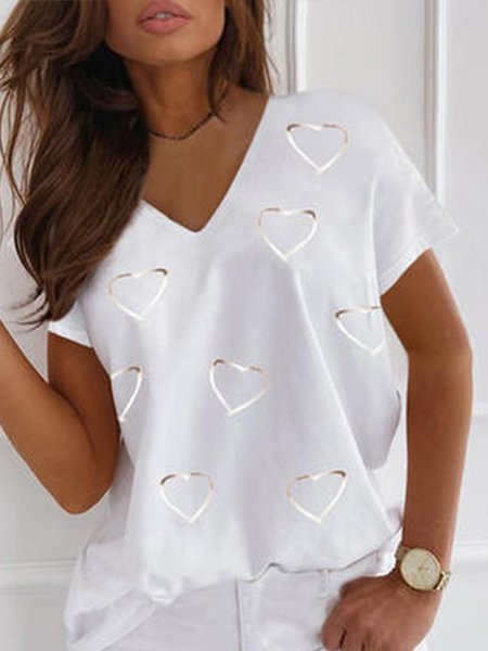 

Love Pattern Casual Color Block Shirts & Tops, White, Tees & T-shirts