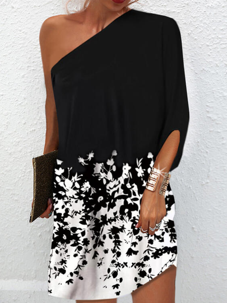

Floral One Shoulder Short Sleeve Knit Dress, Black-white, Mini Dresses