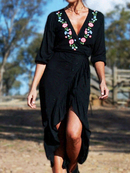 

Romantic Casual Thorn Tie Embroidered Wrap Midi Dress, Black, Maxi Dresses