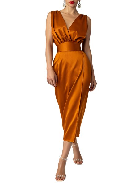 

Summer Regular Fit V Neck Elegant Short Sleeve Woven Regular fit Dress, Red brown, Midi Dresses