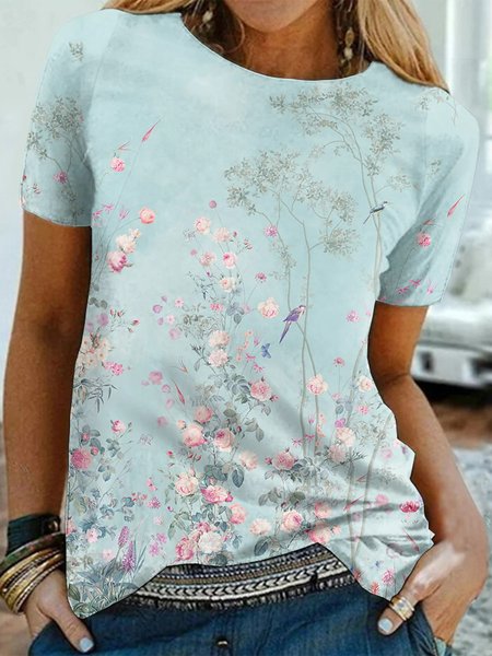 

Crew Neck Floral Short Sleeve T-Shirt, Blue, Tees & T-shirts