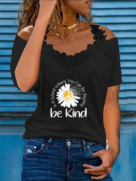 

Lace Floral V neck Casual Short Sleeve T-Shirt, Black, T-Shirts