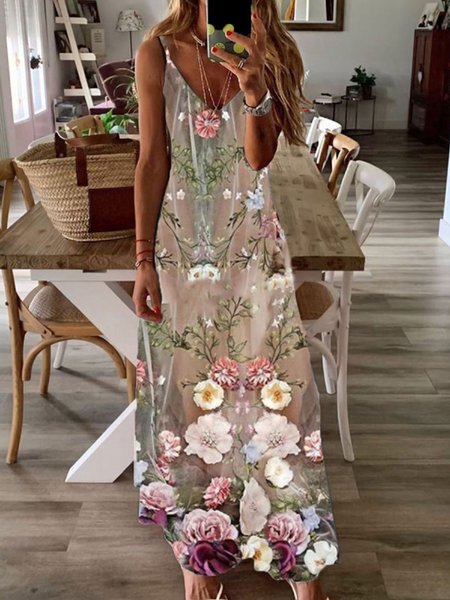 

Casual Floral V neck Loosen Sleeveless Woven Dress, As picture, Maxi Dresses